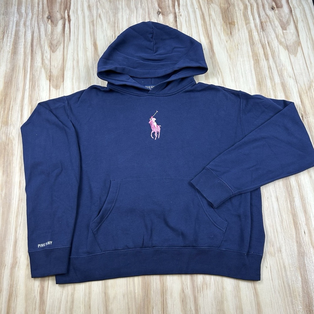 Polo Ralph Lauren Pink Pony Women's XL Blue Fleece Hoodie Breast Cancer Sweatshi